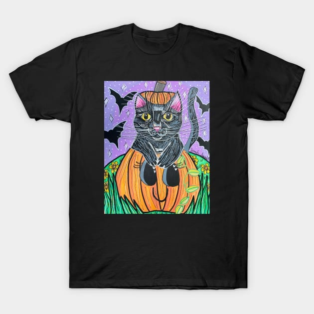 Black Cat in Pumpkin T-Shirt by Stay Weird Studio Art